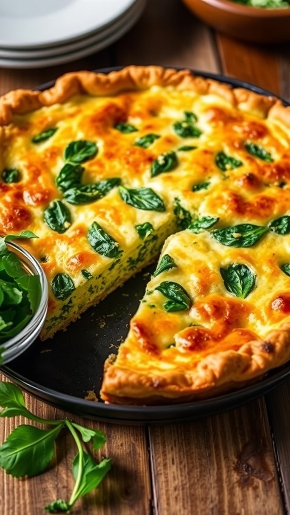 A slice of spinach and cheese quiche from an air fryer, garnished with herbs, on a wooden table with a side of mixed greens.